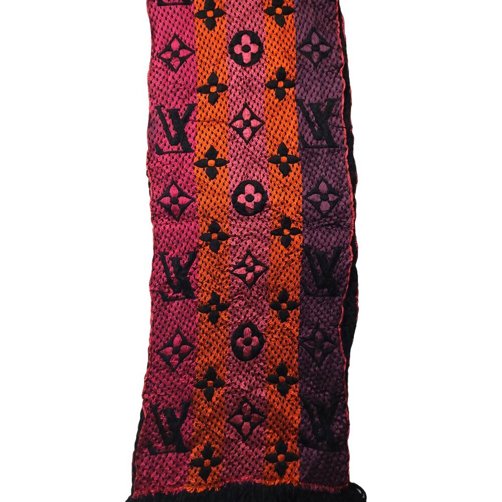 Louis Vuitton LV Black Pink Orange Multi-color Shine Monogram Logomania Scarf - Picture 3 of 8